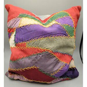 Vintage Crazy Quilt Pillow Satin Silk Multicolor Fabric Square 15 x 15